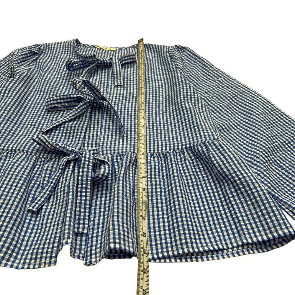 Gingham Tie Front Puff Sleeve Blouse Blue Size Small Cottagecore European Summer - Picture 9 of 10